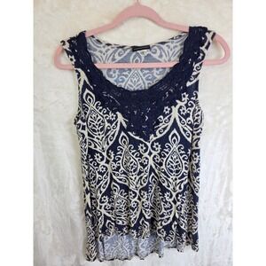 Perseption Navy Blue Cream Damask Paisley Crochet Lace Tank Top TP333 Small